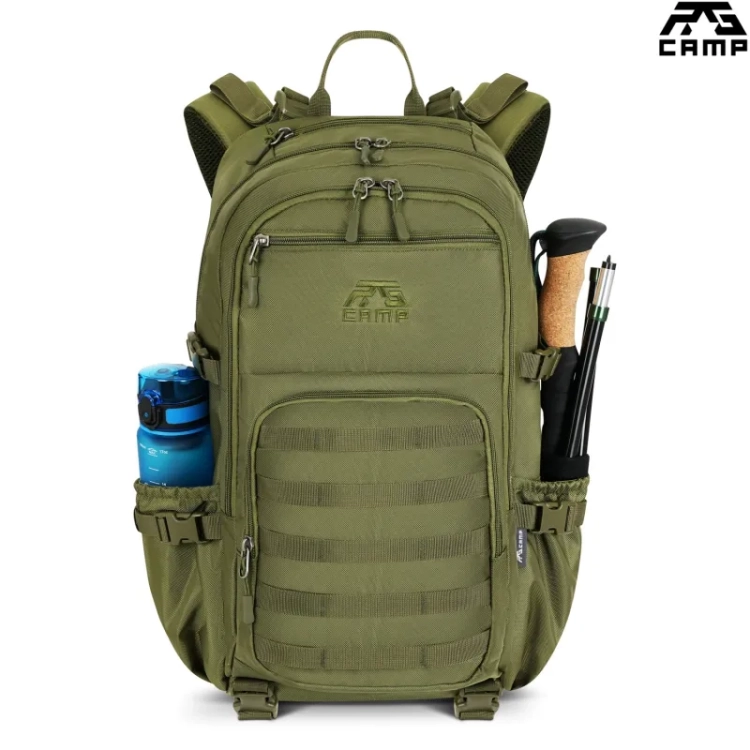 Plecak wojskowy 25l RG CAMP RG1920 zielony – przód z akcesoriami