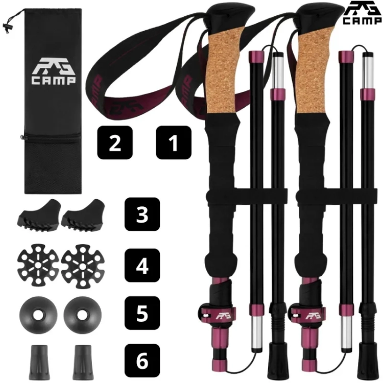 Składane kijki trekkingowe w góry RG CAMP FoldPro Cork burgundy – pokrowiec i komplet końcówek