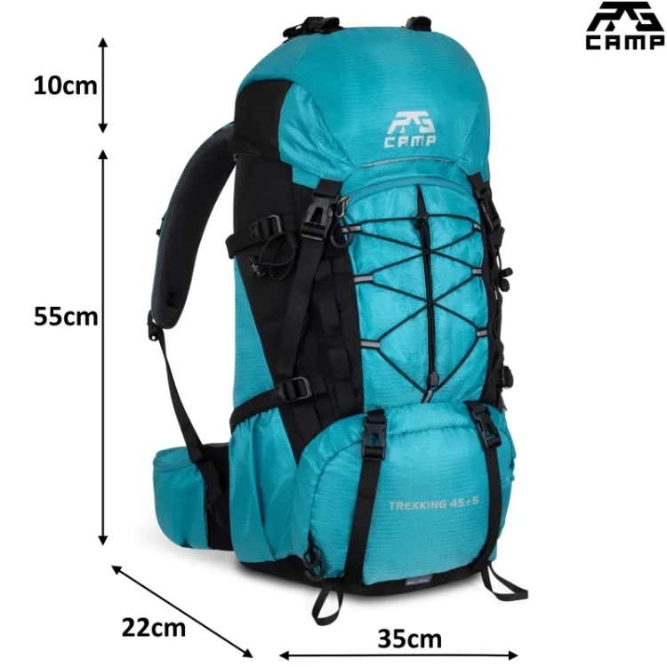 Plecak trekkingowy 50l RG CAMP turkusowy – wymiary 65 × 35 × 22 cm