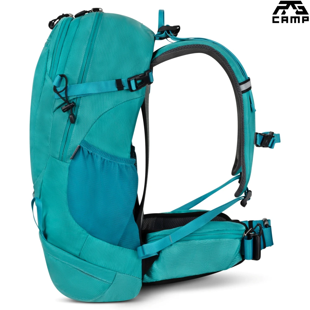 Plecak outdoorowy 25l RG Camp Active turkusowy widok z profilu ze stelażem