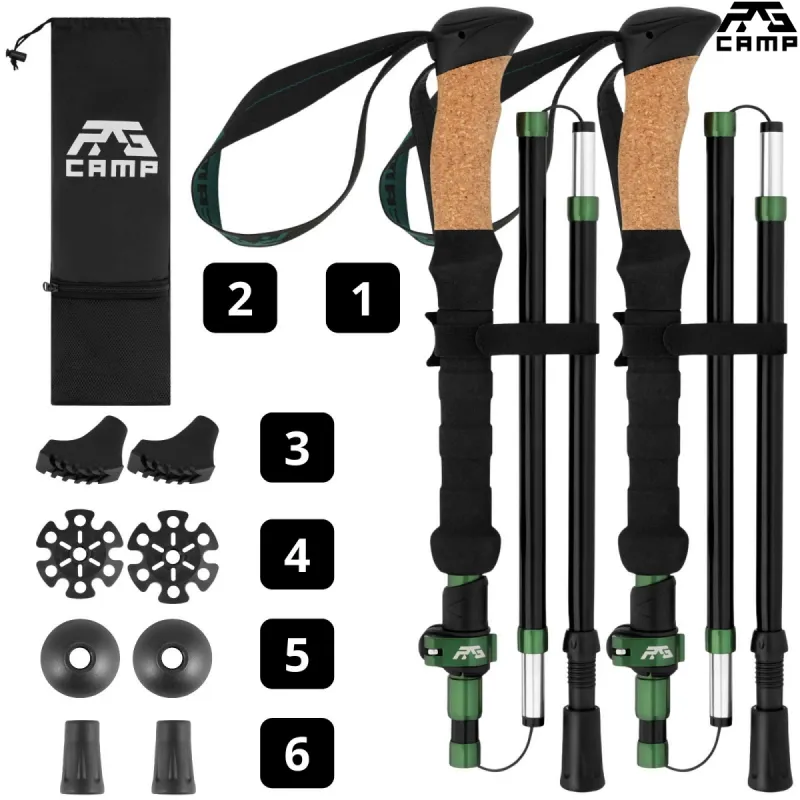 Kijki do chodzenia składane RG CAMP FoldPro Cork green – zestaw z pokrowcem i końcówkami