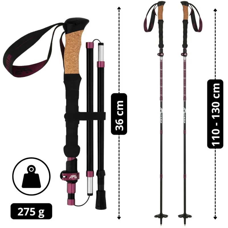 Kijki trekkingowe składane RG CAMP FoldPro Cork burgundy – regulacja długości 110–130 cm