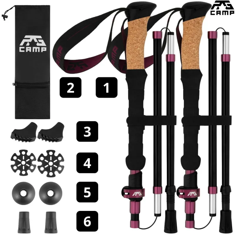 Kijki trekkingowe składane RG CAMP FoldPro Cork burgundy – zestaw z pokrowcem i końcówkami