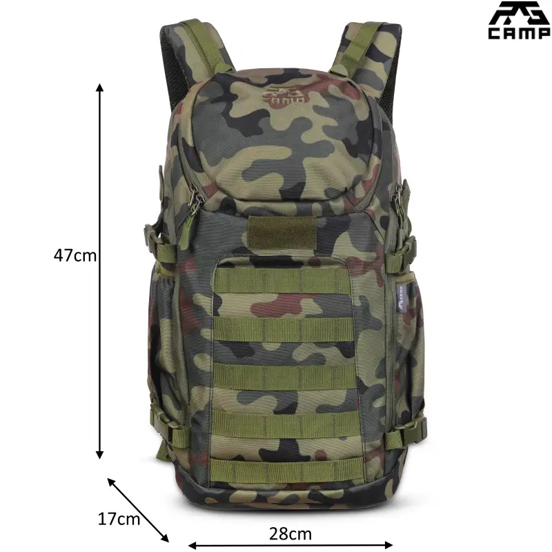 Plecak RG CAMP RGX1410 moro 20l pokazany z oznaczonymi wymiarami 47 × 28 × 17 cm.